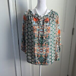Green and Orange Boxy Blouse with Tie Front NWOT Size small